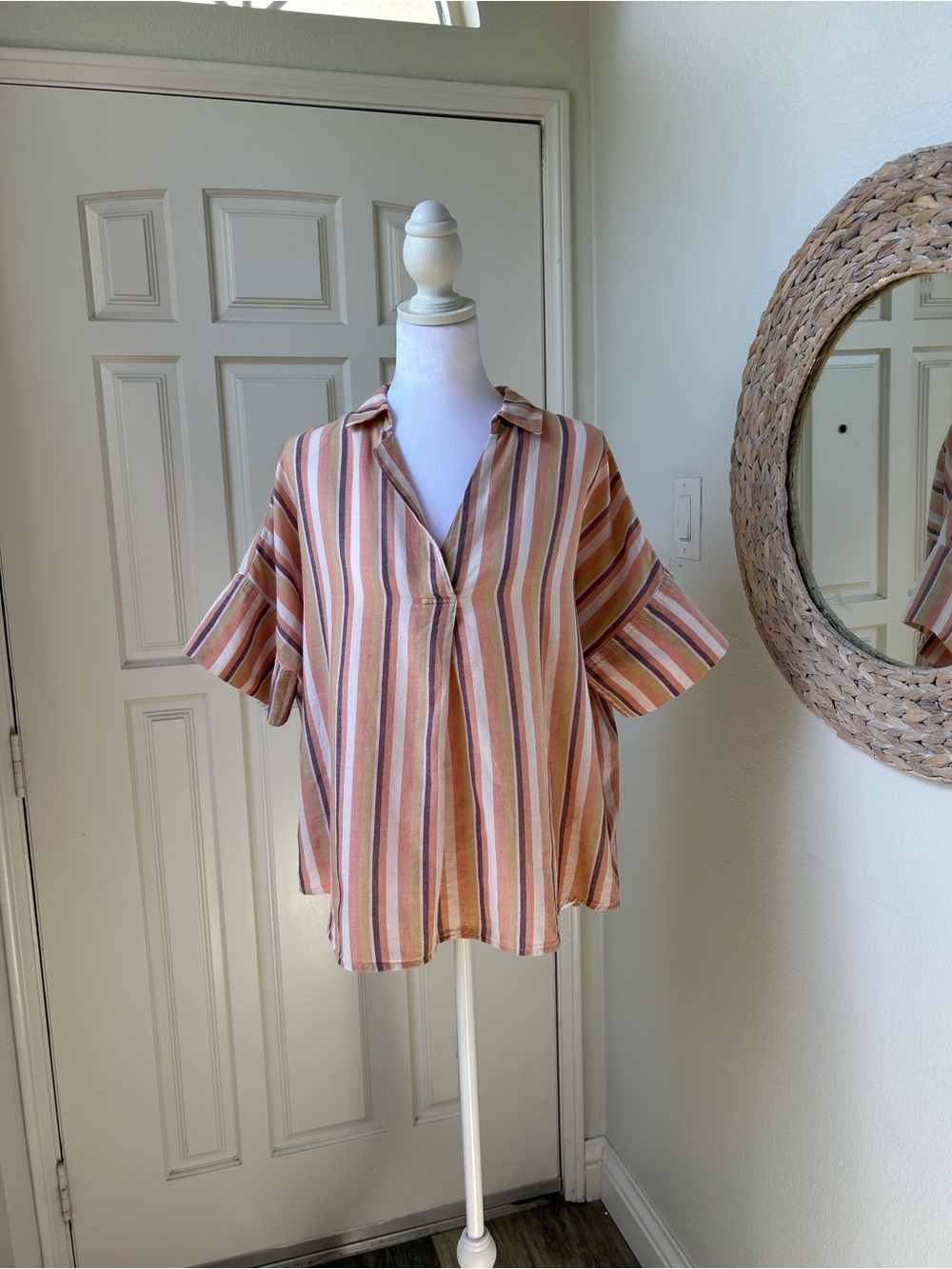 Madewell 100% Cotton Button Back Shirt M Peach Tan Pink Purple Stripe